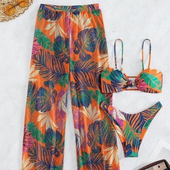 3pcs Tropical Print High Cut Bikini Swimsuit With Cover Up - Picture 4 of 5